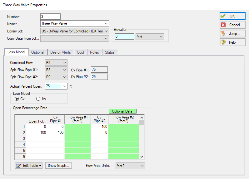 The Three-Way Valve Properties window with 3-Way Valve for Controlled HEX Temp selected for the Library List.